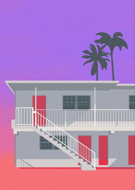 Motel Illustration, 80s Architecture, Drawing Sunset, California Dreaming, Book Covers, Boku No Hero Academia, Hero Academia, Digital Art, California