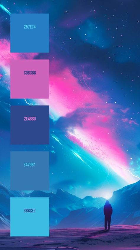 Colors:
257EC4
CD63BB
2E488D
3479B1
3BBCE2 Color Palette Landscape, Neon Blue Color, Pink Color Schemes, Majestic Mountains, Blue Colour Palette, Neon Blue, Neon Colors, Color Pallets, Mountain Landscape