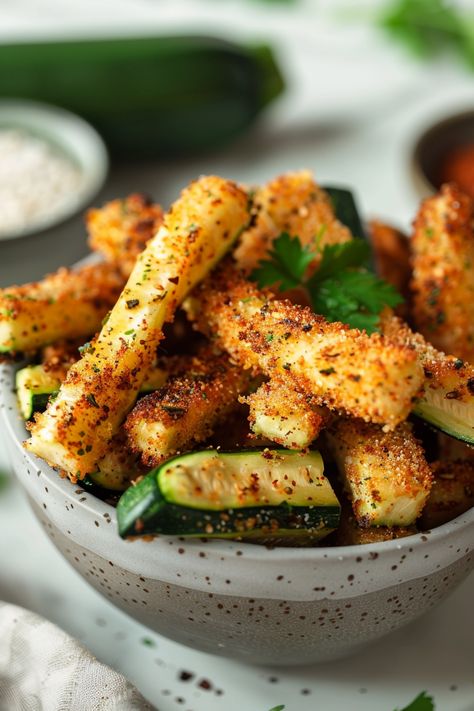 Zucchini fries seasoned with spices in a bowl. Air Fryer Fried Zucchini, Zucchini Sticks Recipes, Fried Zucchini Sticks, Zucchini Keto, Crispy Zucchini, Keto Veggies, Air Fryer Zucchini, Zucchini Sticks, Fried Zucchini