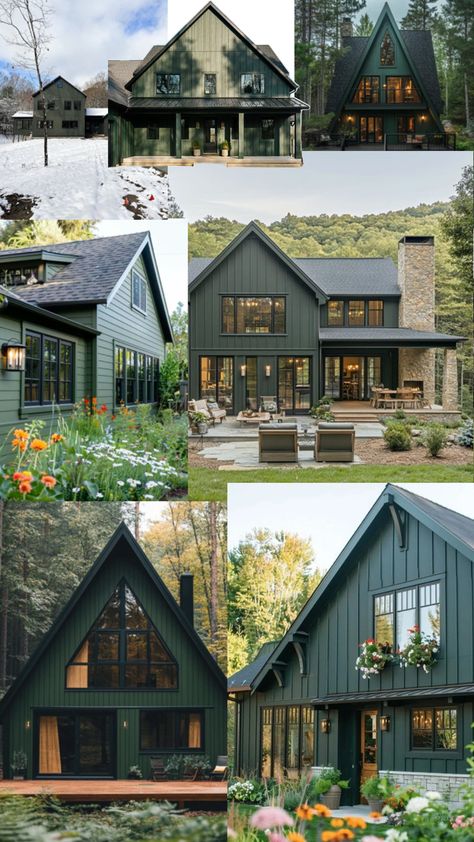 Dark green cabins with black roofs and trim Green And Black Barndominium, Green Siding Black Windows, Wood Cabin Aesthetic, Black Log Cabin Exterior, Dark Green Siding, Green Cabins, Log Cabin Tiny House, Black Cabins, Black Log Cabin