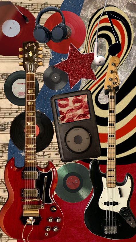 Music Retro Aesthetic, Cool Guitar Wallpapers, Rocker Wallpaper Aesthetic, Retro Guitar Aesthetic, 90s Rock Aesthetic Wallpaper, Guitar Collage Art, Rocker Aesthetic Wallpaper, Guitar Posters Aesthetic, Guitar Vintage Aesthetic