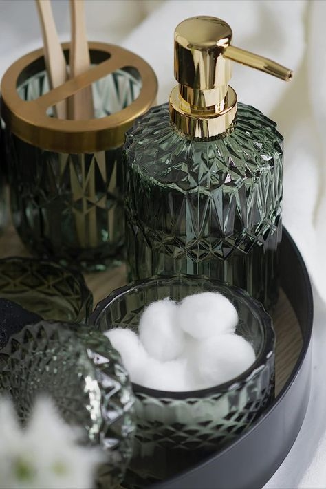 Tumbler, Toothbrush Jar, Cotton Swab Jar, Soap Dispenser, Soap Dish Bathroom Soap Holder Ideas, Bathroom Sets Bath Accessories, Gothic Bathroom Decor, Rustic Bathroom Accessories, Southern Charm Decor, Dark Green Bathrooms, Green Bathroom Accessories, Bathroom Jars, Gold Bathroom Decor