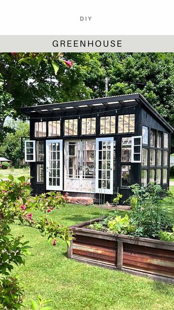 French Door Greenhouse, Upcycled Window Greenhouse, Window Greenhouse Diy, Greenhouse Old Windows, Greenhouse Solarium, Glasshouse Ideas, Recycled Window Greenhouse, Green House Attached To House, Upcycled Greenhouse