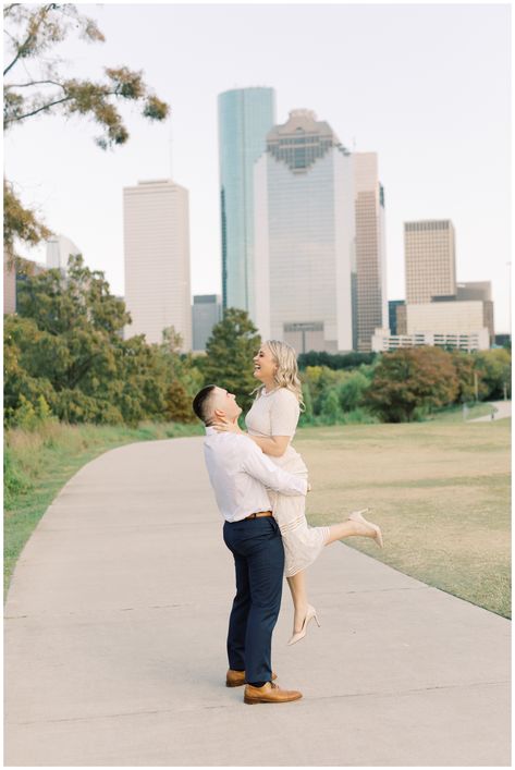 Buffalo Bayou Park Houston Photography, Buffalo Bayou Park Houston, Engagement Photos Houston, Wedding Jitters, Houston Skyline, Park Engagement Photos, Houston Photography, Newly Engaged Couple, Grad Pics