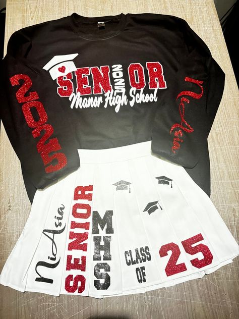 Senior Shirt/skirt Combo Senior Sets/ Grad Set Graduation Senior Outfit Set Sweater & Skirt, Class of 2024/2025 School Spirit Apparel - Etsy Senior Skirt Outfit Ideas, Cheer Senior Shirts, Casual Outfits For Senior Pictures, Graduating Outfits, Class Of 25 Senior Shirts, Graduation Skirt Outfit, Senior Class Shirts Design, Class Reunion Shirts, Senior Night Shirts