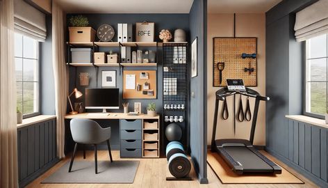 Study And Gym Room Ideas, Small Gym Office Combo Work Spaces, Garage Office And Gym Ideas, Small Office Gym Combo, Office Gym Combo Small Spaces, Office Exercise Room Combo, Gym And Office Room Ideas, Gym Office Combo Work Spaces, Office And Gym Combo Small Spaces