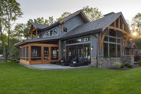 Winter Home Exterior, L Aesthetic, Timber Frame Porch, Lake Houses Exterior, Cabin Exterior, Aesthetic Winter, Timber Frame Homes, Home Exterior, Winter Home