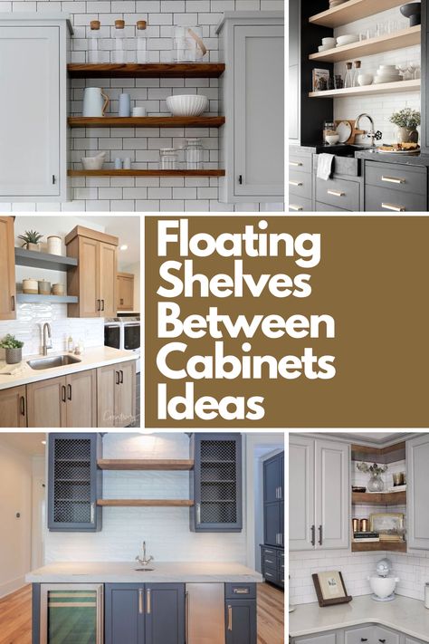 Maximize your kitchen space with these 23 brilliant floating shelf ideas! Perfect for filling the gap between cabinets, these shelves add both storage and style to your compact kitchen. From sleek modern designs to rustic charm, discover creative ways to showcase your essentials or decor. Whether you're short on space or just love a clean, organized look, these ideas will inspire you to transform your kitchen into a functional and stunning space. Dive into the guide for all the details! Small Open Shelf Cabinet, Open Shelf Between Cabinets, Floating Shelf Between Cabinets, Built In Cookbook Shelf, Shelves And Cabinets In Kitchen, Sconces Over Floating Shelves Kitchen, Floating Shelves Next To Kitchen Cabinet, Shelves Between Kitchen Cabinets, Shelves At End Of Kitchen Cabinets