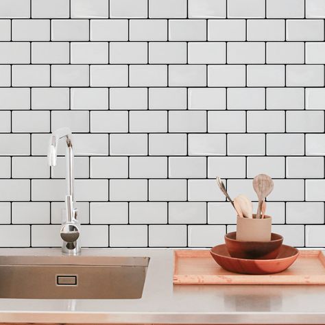 Built In Wine Bar, Peel And Stick Subway Tile, Clean Vibes, Kitchen Floating Shelves, Grey Subway Tiles, Black Grout, Peel Stick Backsplash, Subway Style, Pan Storage