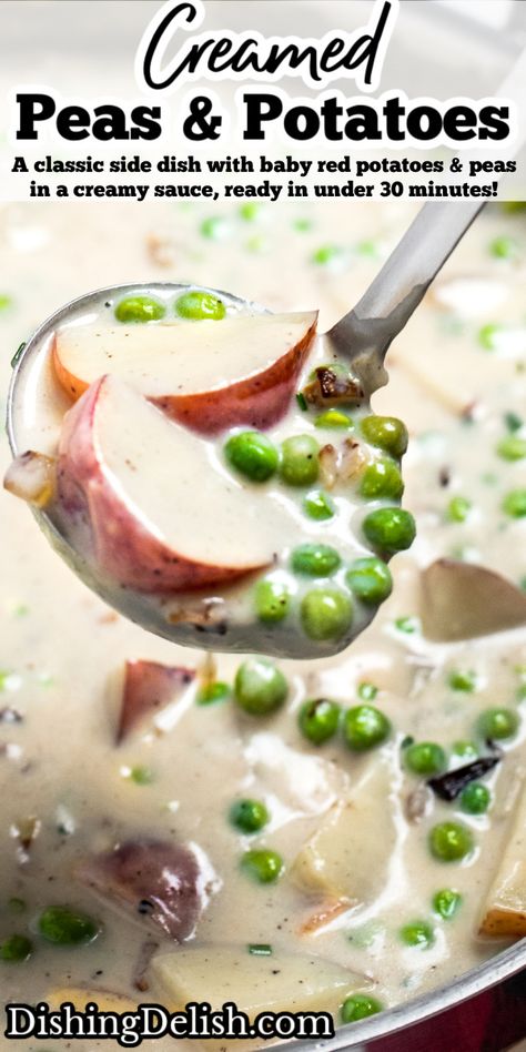 Potatoes And Peas Recipe, Creamed Peas And Potatoes, Sweet Potato Casserole Crock Pot, Baby Potato Recipes, Potatoes And Peas, Red Potato Recipes, Creamed Peas, Baby Red Potatoes, Creamed Potatoes