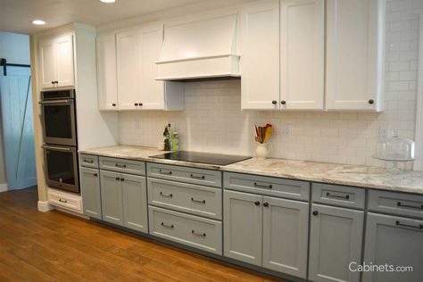 Coastal Two-Tone Galley Kitchen with Wood Hood - Cabinets.com 2 Tone Kitchen, White Galley Kitchens, Wood Hood, Galley Kitchen Layout, Two Tone Kitchen Cabinets, Kitchen Cabinet Trends, Two Tone Cabinets, Galley Kitchens, Two Tone Kitchen