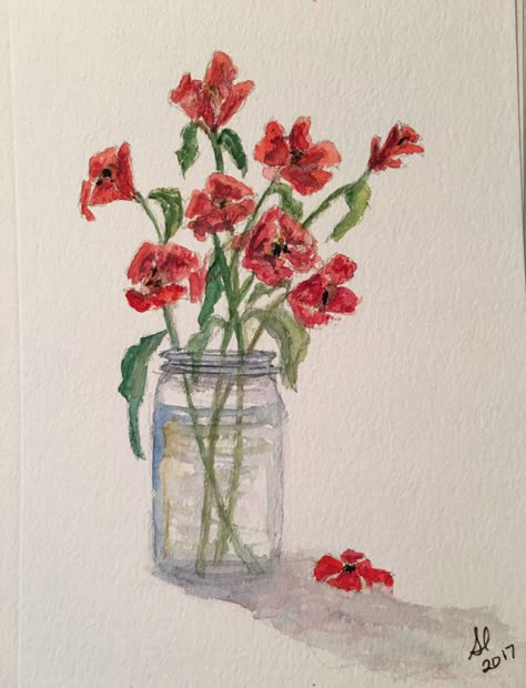 Flowers in a jar in watercolor Jar With Flowers Drawing, Watercolor Paintings Of Flowers In Vases, Jar Of Flowers, Mason Jar Watercolor, Flowers In Vase Drawing, Watercolor Flowers In Vase, Meaningful Paintings, Loose Watercolor Flowers, Easy Flower Painting