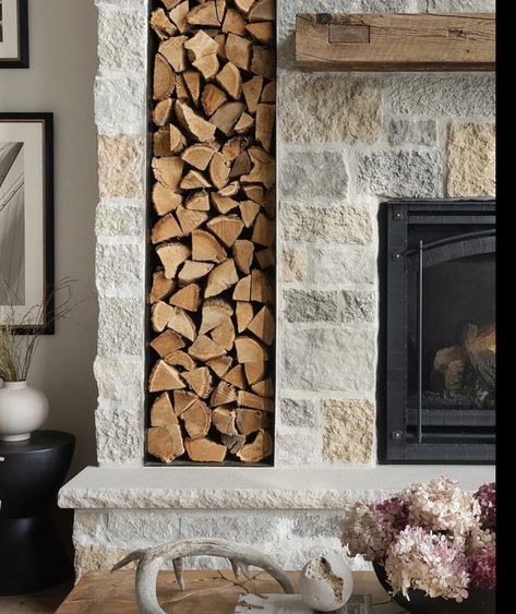 Wood Burning Fireplace Ideas With Wood Storage, Stone Fireplace With Built Ins Farmhouse, Wood Logs Aesthetic, Wood Burning Fireplace With Wood Storage, Wood Fireplace With Wood Storage, Firewood Storage Fireplace, Basement Wood Burning Fireplace, Fireplace With Wood Storage On One Side, Fireplace Wood Holder Built In