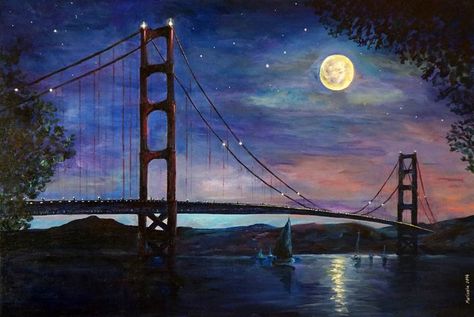 Space Swaps, San Francisco Painting, Golden Gate Bridge Painting, California Collage, Bridge Drawing, Bridge Painting, Mackinac Bridge, Skyline Painting, San Francisco Golden Gate Bridge