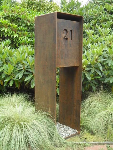 Steel Mailbox Ideas, Unique Mailbox Ideas, Letterbox Ideas, Modern Mailbox Ideas, Wood And Metal Mailbox Post, Rustic Letterbox, Corten Signage, Corten Steel Letter Boxes, Corten Steel Signage