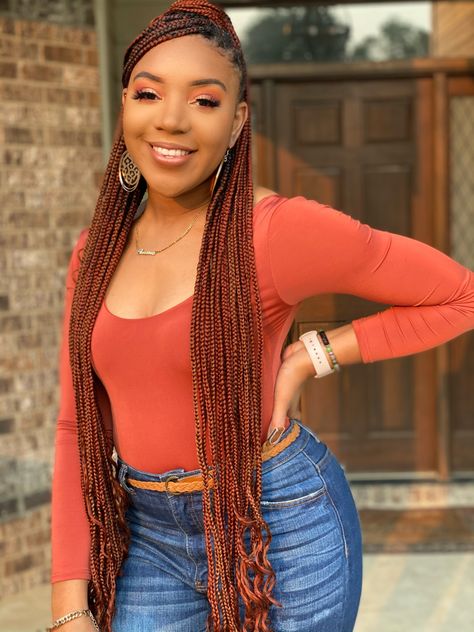 IG: tashonashenise Red Orange Braids, Fall Color Braids Black Women, Orange Bodysuit Outfit, 350 Knotless Braids, Orange Fall Outfit, Fall Braids Black Women, Red Bodysuit Outfit, Outfit Ideas Orange, Adult Hairstyles