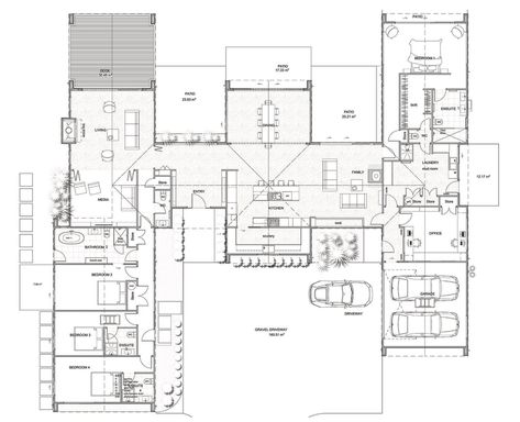 Pavilion Style House Plans, Pavilion House Plans, H Shaped House Plans Layout, Modern U Shaped House, Pavilion Floor Plan, Acerage Homes, U Shaped House Plans, L Shaped House Plans, U Shaped Houses