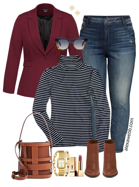 Plus Size Burgundy Blazer Casual Outfit for Fall and Winter with Jeans and a Stripe Turtleneck - Alexa Webb #alexawebb #plussize Blazer Night Out Outfit, Burgundy Blazer Outfit, Blazer Casual Outfit, Casual Weekend Style, Alexa Webb, Looks Jeans, Blazer Casual, Burgundy Blazer, Jean Jacket Outfits