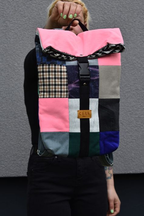 This sustainable colorful squere shape backpack is upcycled and made from mixed fabric scraps. Multicolored pattern is neatly sewn using patchwork technique. Slow made - One of a kind - Ethical Mindset. Medium sized and lightweight. Perfect for any season, street wear or daily use. Suitable as gift for your loved ones. Designed and handmade in Lithuania. Colorful Streetwear, Ladies Bag, Practical Bag, Old Jeans, Small Canvas, Lithuania, Tote Backpack, Fabric Scraps, Colourful Fabrics