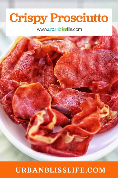 Crispy Prosciutto is a delicious salty, savory addition to salads, pastas, sandwiches, and more. It's an easy way to elevate almost any dish! Get the easy recipe at UrbanBlissLife.com. Prosciutto Chips, Crispy Prosciutto Pasta, Crispy Prosciutto, Prochutto Appetizers Prosciutto, Prosciutto Bread With Provolone, Flatbread Toppings, Prosciutto Recipes, Bacon Potato Salad, Protein Packed Snacks