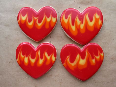 Hearts of Fire - Valentine's at my daughter's class. She likes the fire hearts. Toba's icing over butter cookies. Fire Cookies, Firefighter Cookie, Heart Sugar Cookie, Music Cookies, Valentine Sugar Cookies, Hearts On Fire, Sugar Cookie Designs, Valentines Day Cookies, Beautiful Cookies