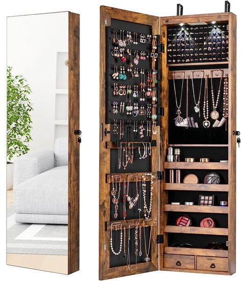 PRICES MAY VARY. 💎【Keep All Your Jewelry Organized】Featuring 120 earring slots, 36 earring holes, 98 ring slots, 36 necklace hooks, 5 storage shelves, 2 drawers, bracelet rod and pouch, the mirrored jewelry organizer is designed to better keep all your jewelry in order and prevent them from getting tangled. 💎【Easy-to-Install Wall & Door Mounted Design】With easy-to-understand instructions, the jewelry cabinet can be easily assembled by mount it on the wall with screws or hang it on the back of Jewelry Storage Cabinet, Wall Mounted Jewelry Armoire, Mirror Jewelry Storage, Wall Mount Jewelry Organizer, Mirror Jewelry Armoire, Mirror Jewellery Cabinet, Jewelry Organizer Wall, Mirrored Wall, Jewelry Cabinet