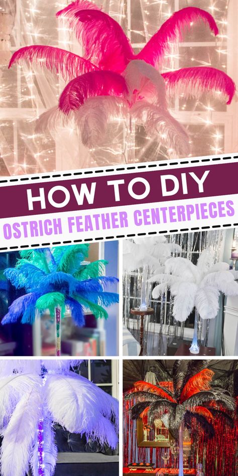 These DIY feather centerpieces are GREAT! I want to make them for my wedding reception and this tutorial has such simple instructions even I can do it. I love all of the different ideas for making the vases like the Gatsby feather centerpiece, the one with peacock colors (purple feathers!) and the Mardi Gras masquerade centerpieces. They all make beautiful party decorations. 20s Centerpieces, Roaring 20s Centerpieces, Diy Ostrich Feather, Feather Centerpiece Wedding, Masquerade Centerpieces, Ostrich Feather Centerpieces, Gatsby Party Decorations, Diy Feather, Eiffel Tower Vases