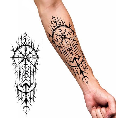 Vegvisir Tattoo Forearm, Nordic Tattoos, Norse Tattoos, Clock Tattoo Sleeve, Tiki Tattoo, Wrap Tattoo, Norse Tattoo, Nordic Tattoo, Norse Pagan