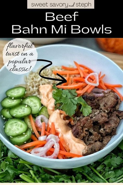 These Banh Mi bowls are my twist on the modern, popular Vietnamese Banh Mi sandwiches.  Banh Mi is Vietnamese for "bread," but typically these sandwiches feature flavorful meat, pickled vegetables and fresh herbs.  There are tons of varieties of this delicacy featuring different proteins and toppings.  My Beef Banh Mi Bowls featured marinated, seared shaved beef, quick-picked carrots and shallots, and a flavorful sriracha lime mayo. These bowls are so flavorful and delicious, you will be so ... Beef Bahn Mi, Beef Banh Mi, Picked Carrots, Shaved Beef Recipe, Shaved Beef, Banh Mi Sandwich, Bahn Mi, Healthy Bowls Recipes, Beef Bowls