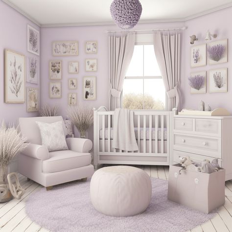 Purple Wall Nursery, Lilac Purple Nursery, Pale Purple Nursery, Baby Girl Nursery Room Ideas Lavendar, Purple Baby Nursery Ideas, Girly Nursery Ideas Purple, Lavender Themed Nursery, Purple Nursery Theme, Purple And White Nursery