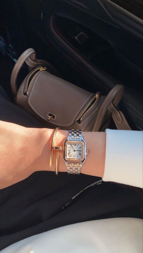 Cartier Santos Women, Cartier Santos Watch Woman, Cartier Santos Watch, Jewellery Stack, Mixing Metals, Cartier Santos, Cartier Jewelry, Cartier Watch, Stacked Jewelry