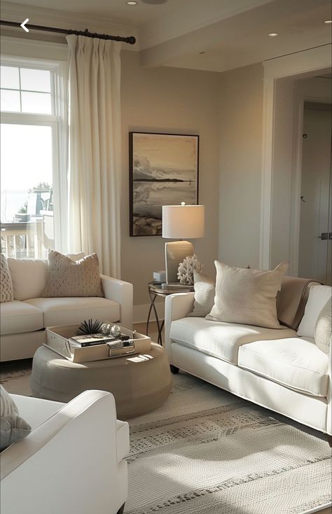 Family Room Small Space, Neutral White Living Room, Lounge Rooms Ideas, Remodeled Living Rooms, Living Room Townhouse Ideas, Home Staging Living Room, Small Living Room With Windows, Small Beige Living Room, Neutral Living Room Decor Ideas