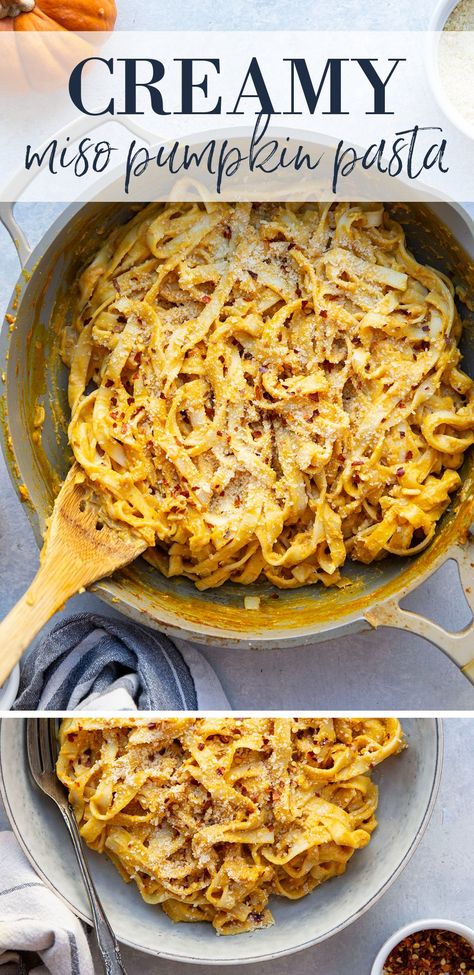 Flavorful miso bumps all the flavors up in this rich and creamy miso pumpkin pasta! It's ready in 30 minutes and goes well with any fall meal. Miso Pumpkin, Pasta Calories, Maple Recipes, Fall Meal, Pasta Types, Creamy Pasta Recipes, Pumpkin Sauce, Pumpkin Pasta, Easy Pasta Dishes