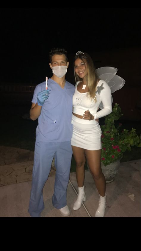 Dentist Halloween Costume, Doctor And Patient Costume, Diy Tooth Fairy Costume Women, Tooth Fairy Couple Costume, Tooth Fairy Halloween Costumes, Tooth Fairy Ideas Costume, Dentist And Tooth Fairy Couple Costume, Toothfairy Dentist Costume Couple, Tooth Fairy Costume Women