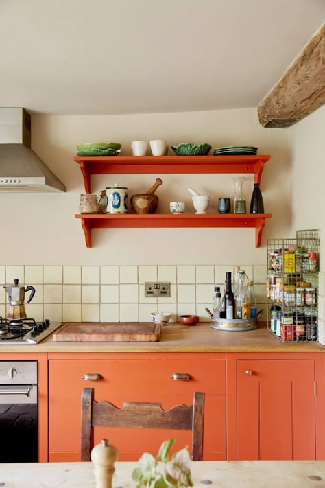 Beach Cottage Kitchen, Orange Cabinets, Coral Kitchen, Colourful Kitchen, Rental Kitchen, Colorful Apartment, Kitchen Design Color, Colorful Kitchen, Dream Apartment Decor