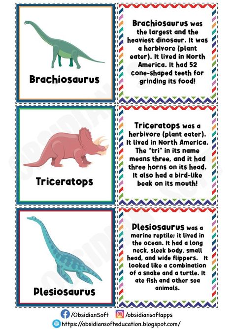 Double-sided dinosaur flash cards for kids with cute pictures on one side and dinosaur facts on the other side. 🦖 🦖 🦖 🦖 🦖 🦖 🦖 Download high-quality PDF from website Dinosaur Songs For Preschool, Dinosaur Flash Cards, Dinosaur Facts For Kids, Dinosaur Songs, Preschool Dinosaurs, Dinosaur Lesson, Dinosaur Week, Dinosaur Theme Preschool, Songs For Preschool