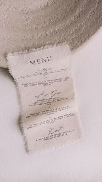 Papira® | Alexandra on Instagram: "Our signature fabric menus. Letterpress printed and hand frayed one by one. 🤍 So much love goes into creating these beautiful wedding day details." Linen Menu Wedding, Fabric Wedding Menu, Watercolor Menu, Wedding Day Details, Menu Printing, Warm Chocolate, Fabric Napkin, Gala Dinner, Menu Ideas