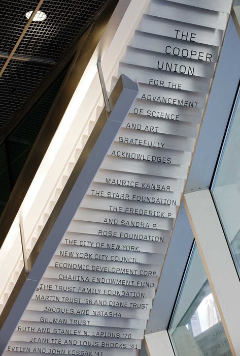 Donor signage cascades down the underside of a lobby staircase. Campus Signage, Donor Wall Design, Donor Signage, Environmental Graphics Signage, Dynamic Architecture, Building Signage, Cooper Union, Donor Wall, Donor Recognition