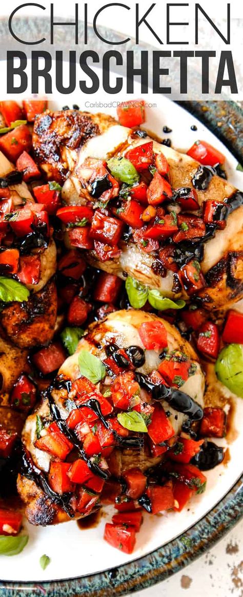 Bruschetta chicken is your favorite Italian appetizer turned into a juicy, fresh and cheesy, low carb main dish!  #marinade #chickenmarinade #chickenrecipes #chicken #pesto #bruschetta #mozarella #basil #tomatoes #grilling #grillrecipes #grillingrecipes #grilledchicken #dinner #dinnerrecipes #dinnerideas #recipes #easyrecipe #recipes #recipeoftheday #recipeideas #recipeseasy  via @carlsbadcraving Grilled Chicken Bruschetta, Bruschetta Chicken Recipes, Chicken Quesadilla Recipes Easy, Bruschetta Recipe Chicken, Chicken Glaze Recipes, Italian Bruschetta Chicken, Chicken Vegetable Recipes, Easy Chicken Recipes Crockpot, Chicken Rotisserie Recipes