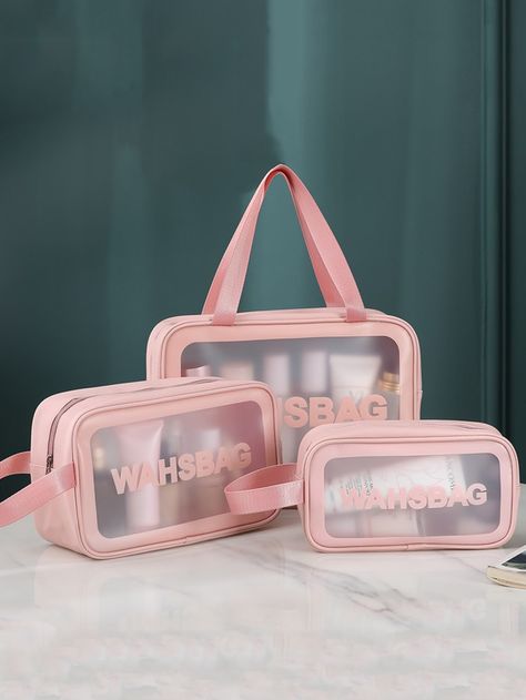 Pink    Nylon   Embellished   Storage & Organization Travel Storage Bag, Toiletries Organization, Travel Storage, Waterproof Bags, Travel Toiletries, Toiletry Bag Travel, روتين العناية بالبشرة, Toiletry Storage, Cosmetic Storage