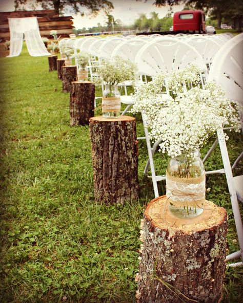 1 Country Wedding Aisle Decorations, Wooden Stumps Wedding Ceremony, Rustic Isle Runners, Farm Wedding Ceremony Ideas, Country Wedding Isles Decoration, Tree Trunk Wedding Decor, Ceremony Isle Ideas Outdoor, Rustic Aisle Decorations Wedding, Wedding Isles Outdoor