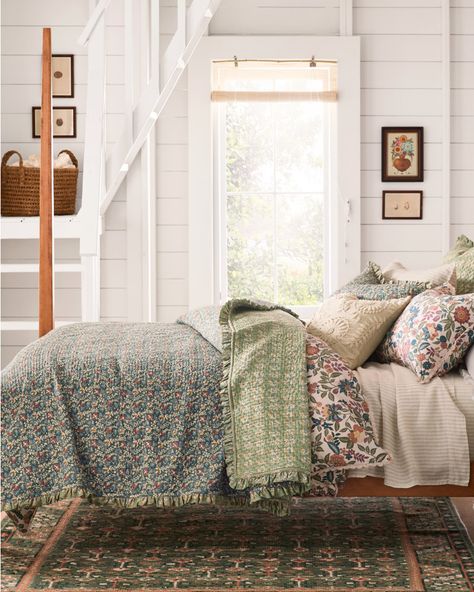 Provence Reversible Organic-Cotton Voile Quilt | Garnet Hill Bedroom Curtains And Bedding, Chalky Blue Bedroom, Vintage Bedroom Bedding, Green Bed Quilt, Heidi Callier Bedroom, Block Print Bedroom, Layered Linen Bedding, Cottage Core Quilt, Vintage Floral Bedding