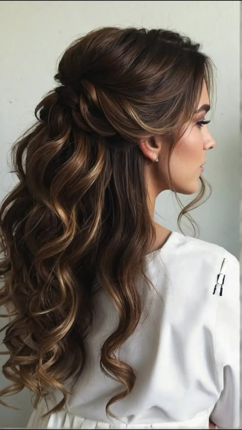 Romantic Hairstyles For Long Hair Wedding, Princes Hair Styles, Moh Nails, Wedding Curls Down, Wedding Hair Curled, Bride Hairstyles With Bangs, Elegant Hairstyles With Bangs, Elegant Bridesmaid Hair, Bridal Hair With Bangs