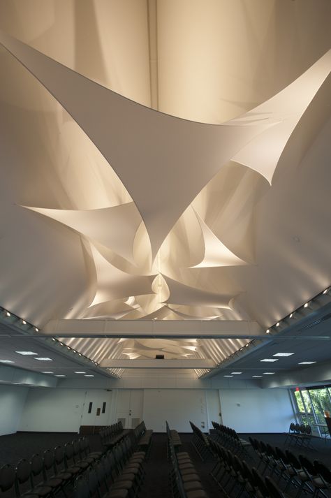 Ceiling configuration of Juxtaform stretch fabric panels Ceiling Fabric, Suspended Ceiling Systems, Acoustical Ceiling, Stretched Fabric, Fabric Ceiling, Ceiling Texture, Beadboard Ceiling, Church Stage Design, Ceiling System