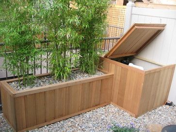 Backyard Planter and Mechanical Housing asian-landscape How To Grow Bamboo, Backyard Planter, Green Roof Planting, Brooklyn Backyard, Wooden Garden Storage, Backyard Planters, Bamboo Landscape, Small Shed, Bin Shed