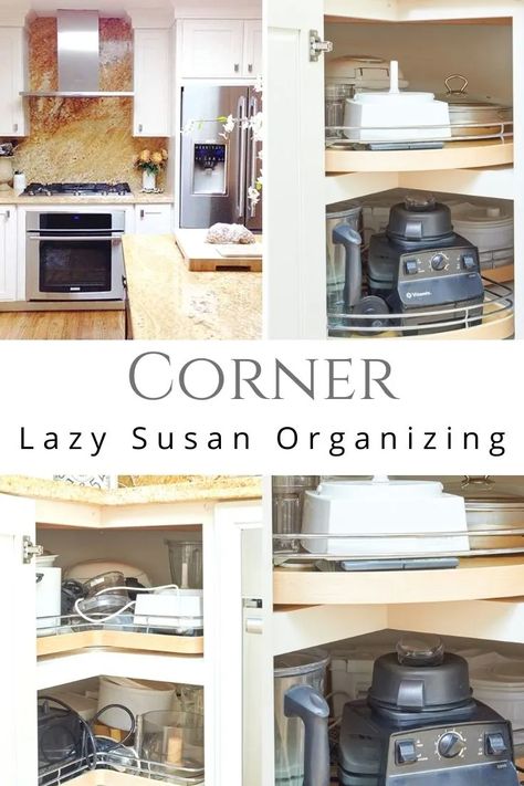 For years I didn't know What to Do With Our Corner, Lazy Susan. I failed many times to organize this part of our kitchen. It took a few attempts at what to store in my lazy Susan, and I finally figured out what worked best. The solution is an easy one, and I share why it works. Lazy Susan Organization Kitchen Counter, Kitchen Lazy Susan Ideas Counter, Kitchen Corner Cabinet Ideas Lazy Susan, Pots And Pans In Lazy Susan, What To Store In Corner Kitchen Cabinet, Cabinet Lazy Susan Organization, Corner Cabinet Lazy Susan Ideas, Kitchen Organization Corner Cabinet, Lazy Susan Cupboard Organization