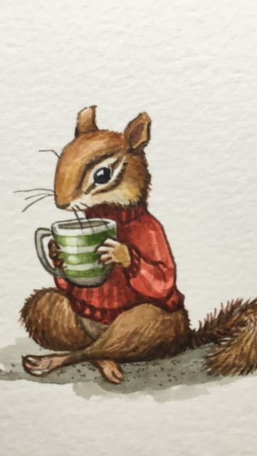 Astrid Sheckels Art on Instagram: "Here’s another Sweater Weather friend! ☕️🐿🧶 . This little chipmunk is staying toasty with a cup of hot tea and a wooly red jumper! Wouldn’t you love to spend the afternoon with him, sharing a pot of tea? . . . . #teatime #teacup #whimsicalart #whimsicalwonderfulwild #illustration #watercolorart #chipmunk #chipmunksofinstagram #sweaterknitting #sweaterweather #astridsheckelsart" Chipmunk Drawing Cute, Animals In Sweaters Illustration, Astrid Sheckels Art, Astrid Sheckels, Chipmunk Illustration, Chipmunk Drawing, Chipmunk Art, Animal Drawing Inspiration, Rorschach Art