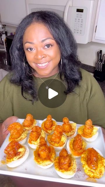 Dwalette King on Instagram: "These Honey Hot Lemon Pepper 🍤🍤Deviled Eggs were 🔥🔥❗️Do you eat Deviled Eggs? I have been seeing everyone on social media make these and I had to try them for myself. Please note- if you don’t want shrimp on your deviled eggs you can definitely make this recipe without them🥰 ❤️ Click the link in my bio to purchase individual recipes and my Wing Recipe Ebook ❤️ Follow me @platedbydee for more amazing recipes 🥰 Recipe Below⬇️ - Boil 6 eggs on high for 20-25 min or boil to your desired time - Place eggs in an ice bath for 5-10 min and peel them - Slice them in half and remove the yolks - Add in the following with yolks : 1 tbsp Mayo 1.5 tbsp sweet relish 1 tsp mustard 1 tsp Dijon mustard Season to taste with black pepper, smoked paprika, salt, onion powd Crispy Shrimp Deviled Eggs, Deviled Eggs And Shrimp, Making Deviled Eggs, Fried Shrimp Deviled Eggs, Deviled Eggs Black People, Hot Honey Deviled Eggs, Shrimp Deviled Eggs Recipes, Hot Honey Shrimp Deviled Eggs, Cajun Shrimp Deviled Eggs