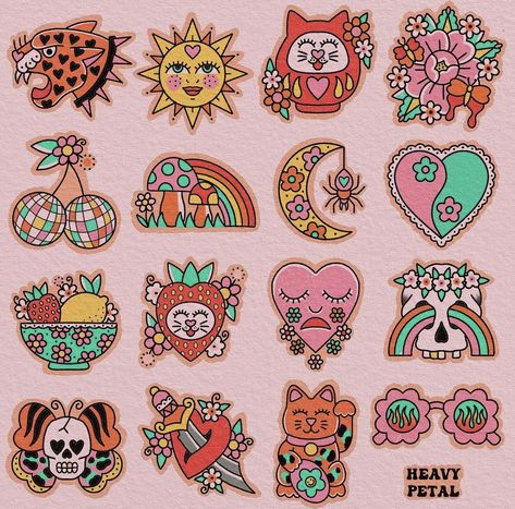 80s Tattoos Ideas, New Age Traditional Tattoo, Stamp Tattoo Traditional, 60s Tattoo Ideas, American Traditional Tattoos Feminine, Girly Traditional Tattoo Flash, Pink Traditional Tattoo, Groovy Tattoo Ideas, Girly Flash Tattoo