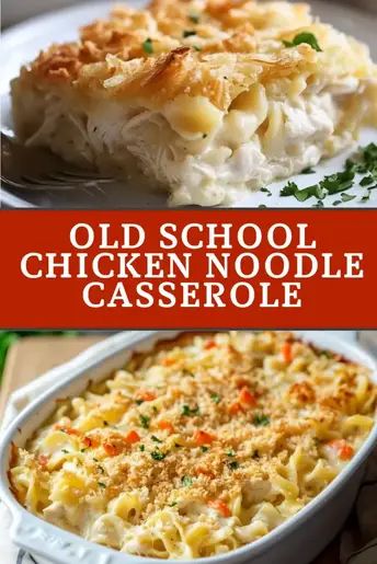 Old School Chicken Noodle Casserole is a classic comfort food made with chicken, noodles, and a creamy sauce. It's easy to prepare with simple ingredients, perfect for busy weeknights. Save this recipe for a family-friendly meal everyone will love! Make it tonight! #comfortfood #easyrecipe #chickencasserole #familydinner Egg Noodle And Chicken Casserole, Chicken Noodle Hot Dish, Chicken Noodle Casserole With Ritz, Chicken Noodles Casseroles, Chicken Noodle Bake Casseroles, Chicken Casserole Egg Noodles, Chicken Egg Noodles Recipes, Chicken And Egg Noodle Recipes, Chicken Noodle Casserole Recipes